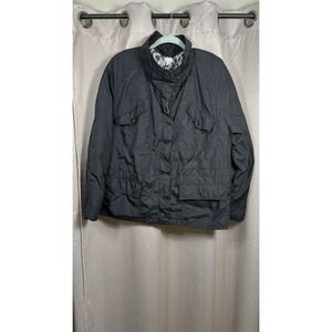 Chico's Sz 3 Black Quilted Nylon Jacket High Collar Cargo Pocket Leopard Lining